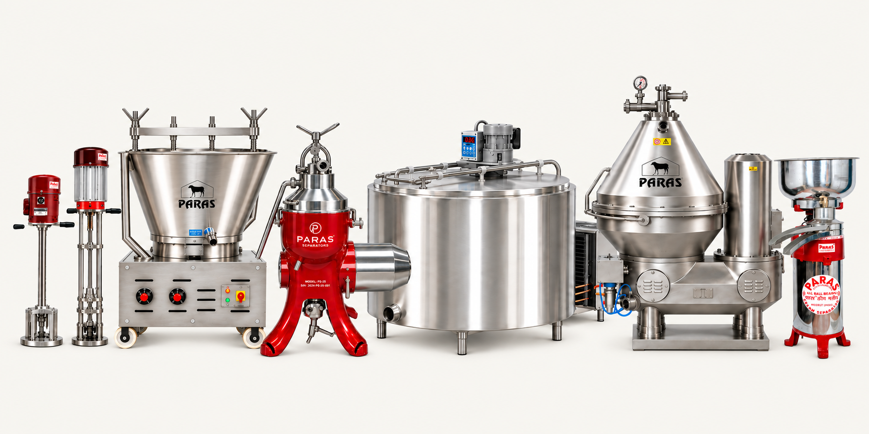 PARAS dairy machinery including milk stirrers, a khoya machine, cream separators and a bulk milk cooler