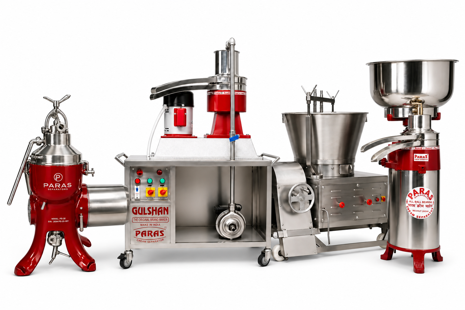 PARAS dairy machinery including milk stirrers, a khoya machine, cream separators and a bulk milk cooler