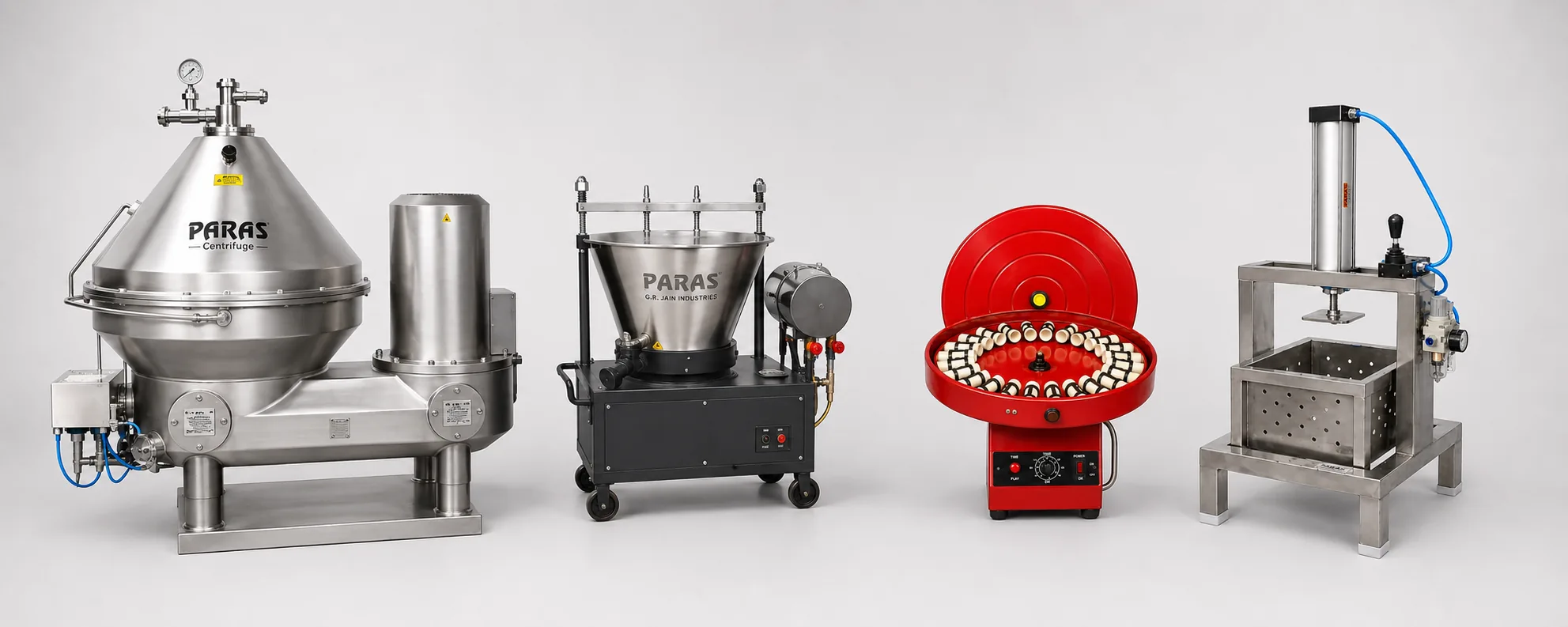 PARAS dairy equipment product lineup — cream separators, milk analyzers, Gerber centrifuge, paneer press